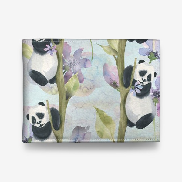 Кошелек «Милые панды на деревьях с сиреневыми цветами. Акварельный паттерн.»