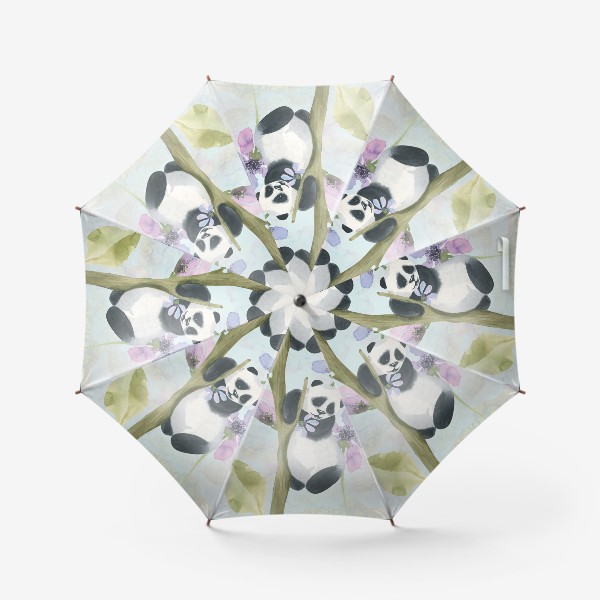 Зонт «Милые панды на деревьях с сиреневыми цветами. Акварельный паттерн.»