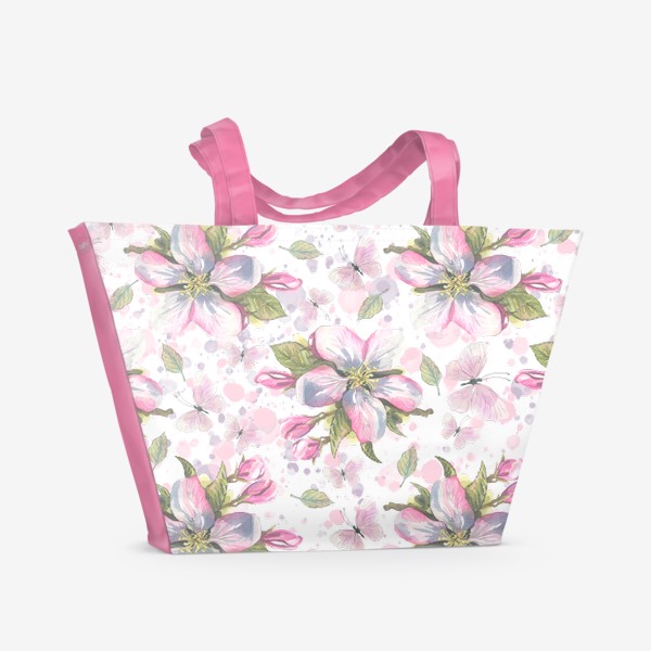 Пляжная сумка «Цветы яблони с бабочками на белом фоне. Акварельный паттерн.»