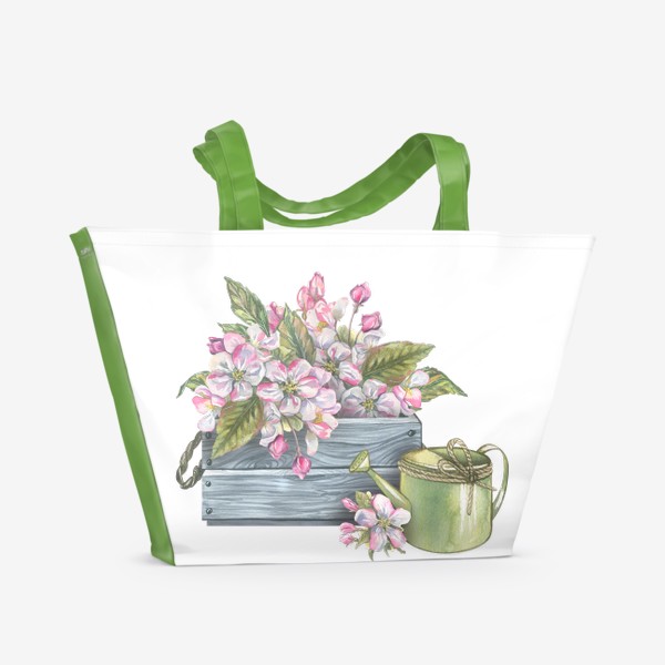 Пляжная сумка &laquo;Яблоневые цветы в деревянном ящике с лейкой. Акварель.&raquo;