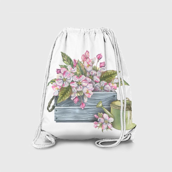 Рюкзак «Яблоневые цветы в деревянном ящике с лейкой. Акварель.»
