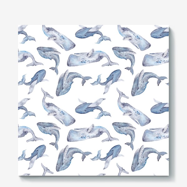 Холст «Паттерн с акварельными китами на белом фоне»