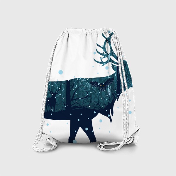 Рюкзак «Зимний лес в силуэте прогуливающегося оленя»