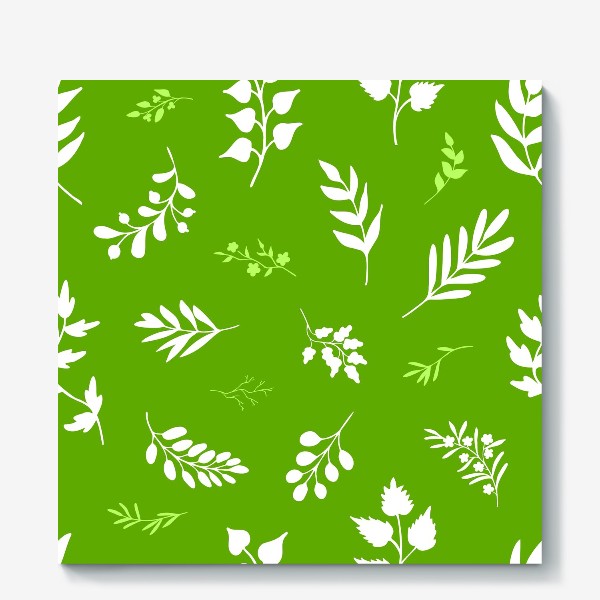 Холст «Белые и салатовые ветки, листья на зелёном фоне. Природа. Скетч, набросок. Паттерн»