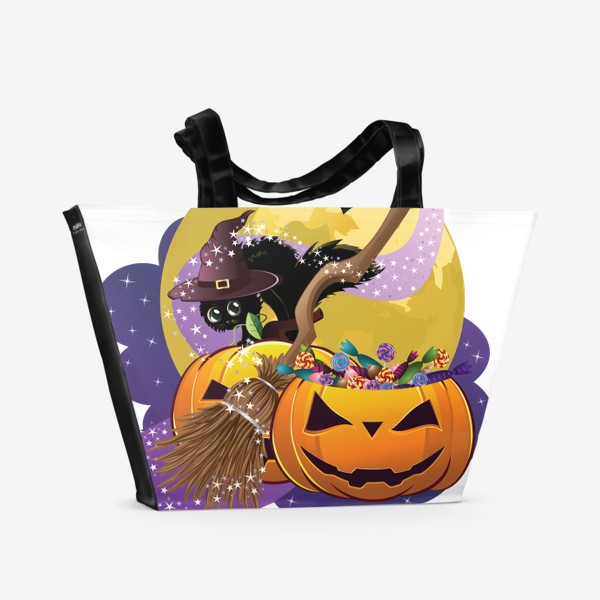 Пляжная сумка «Чёрный котёнок и тыквы»