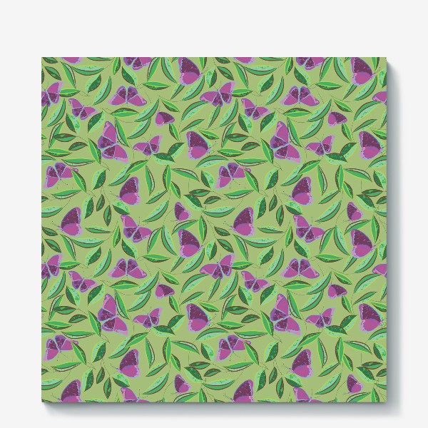 Холст «узор с фиолетовыми бабочками на зеленом фоне»