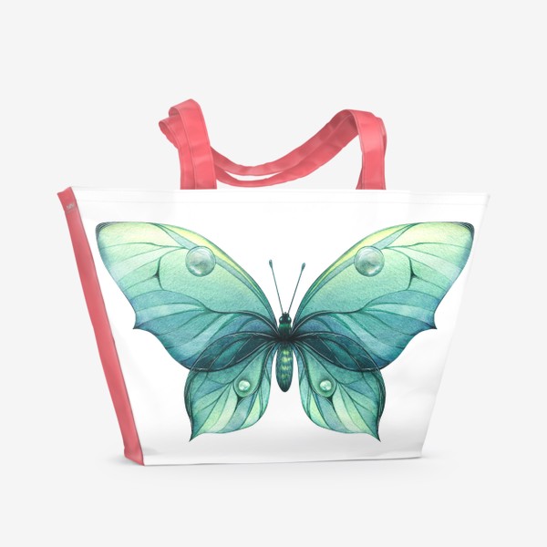 Пляжная сумка «Бабочка бирюзового цвета, нежная, красивая. Акварель.»