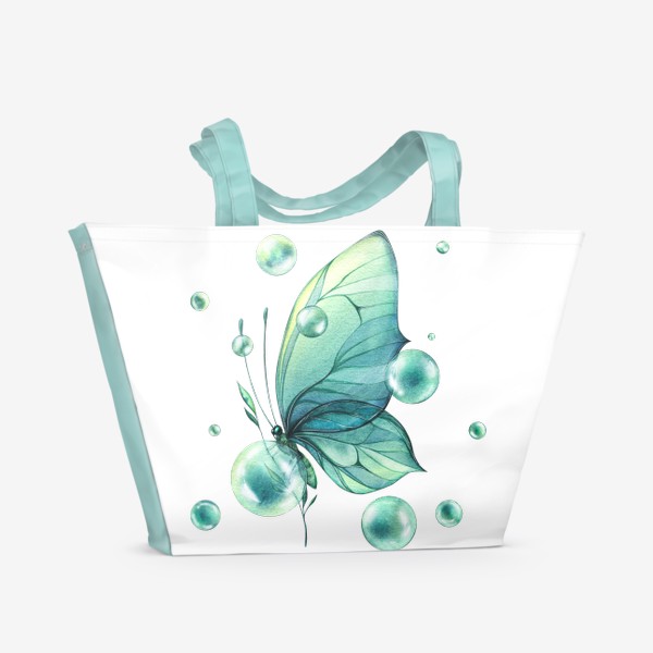 Пляжная сумка «Нежная бабочка с мыльными пузырями, бирюзовая. Акварель.»