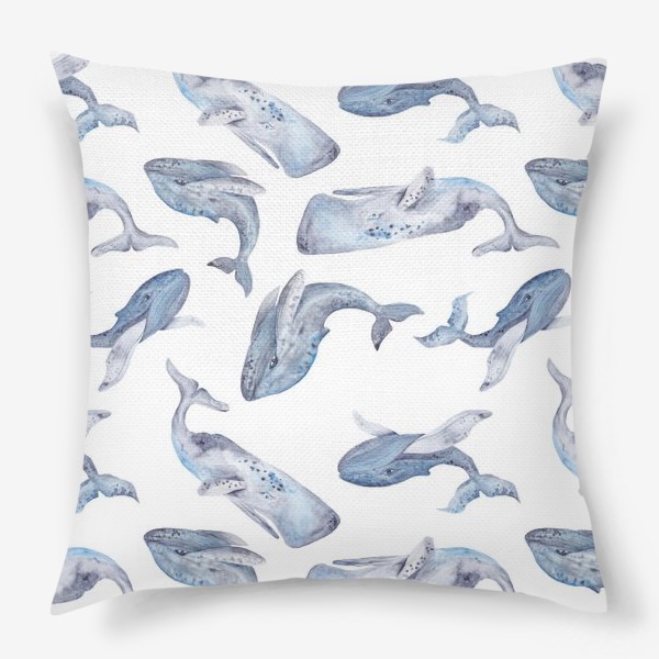 Подушка «Паттерн с акварельными китами на белом фоне»