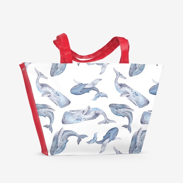 Пляжная сумка «Паттерн с акварельными китами на белом фоне»