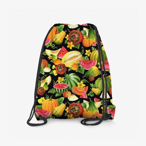 Рюкзак «Арбузы, дыни, тыквы, урожай, фрукты, плоды, бахча, бахчевые, чёрный фон»