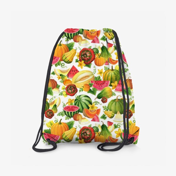 Рюкзак «Арбузы, дыни, тыквы, урожай, фрукты, плоды, бахча, бахчевые, белый фон»