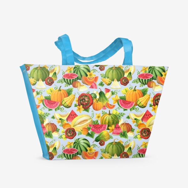 Пляжная сумка «Арбузы, дыни, тыквы, урожай, фрукты, плоды, бахча, бахчевые, голубой фон»