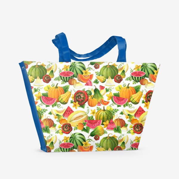 Пляжная сумка «Арбузы, дыни, тыквы, урожай, фрукты, плоды, бахча, бахчевые, белый фон»