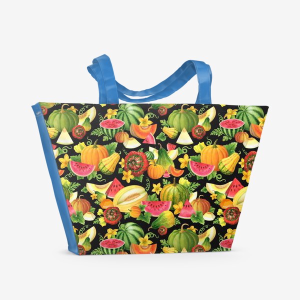 Пляжная сумка «Арбузы, дыни, тыквы, урожай, фрукты, плоды, бахча, бахчевые, чёрный фон»