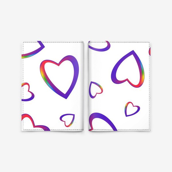 Обложка для паспорта «Паттерн, узор с ярко-синими сердцами с радужным краем. Стеклянные сердца. Эффект стекла»