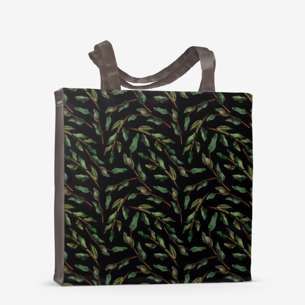 Сумка-шоппер «Паттерн веточки и листья на темном фоне»