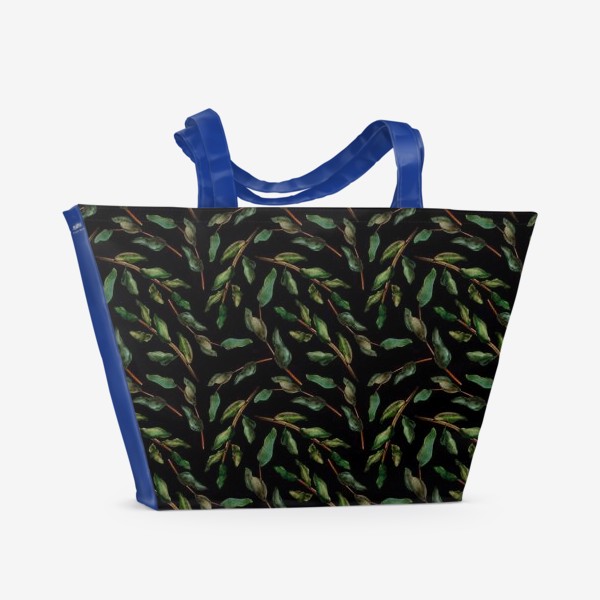 Пляжная сумка «Паттерн веточки и листья на темном фоне»