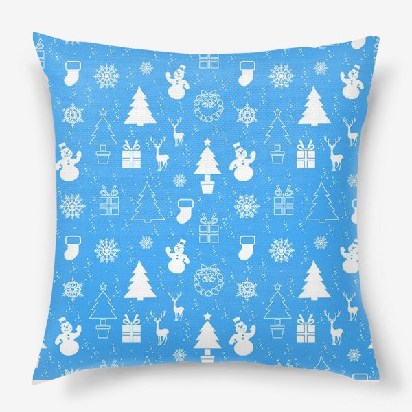 Подушка «Бесшовный рождественский принт со снеговиками,елками и оленями.Новый год.»