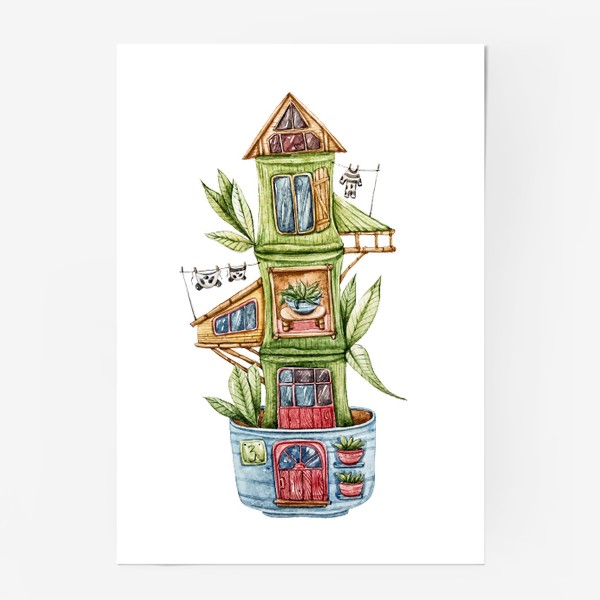 Постер «Акварельный домик панды. Милый дом. Принт для детей»