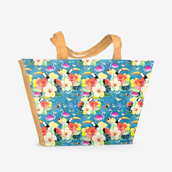Пляжная сумка «Экзотический узор тропические цветы и птицы»