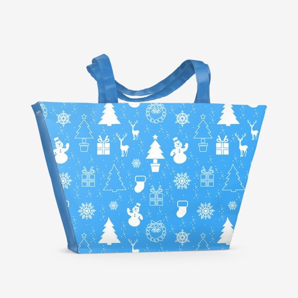 Пляжная сумка «Бесшовный рождественский принт со снеговиками,елками и оленями.Новый год.»