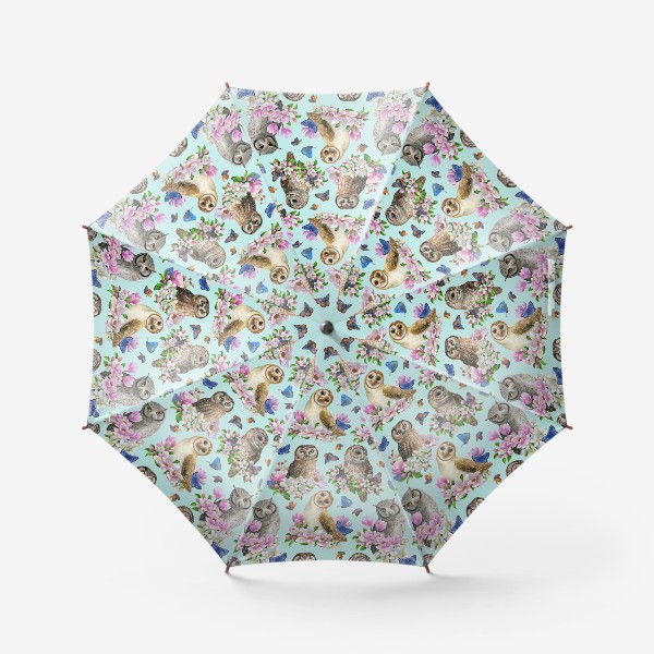 Зонт «Совы, магнолия, бирюзовый, мятный, совята, сипуха, цветочный, яблоневый цвет»