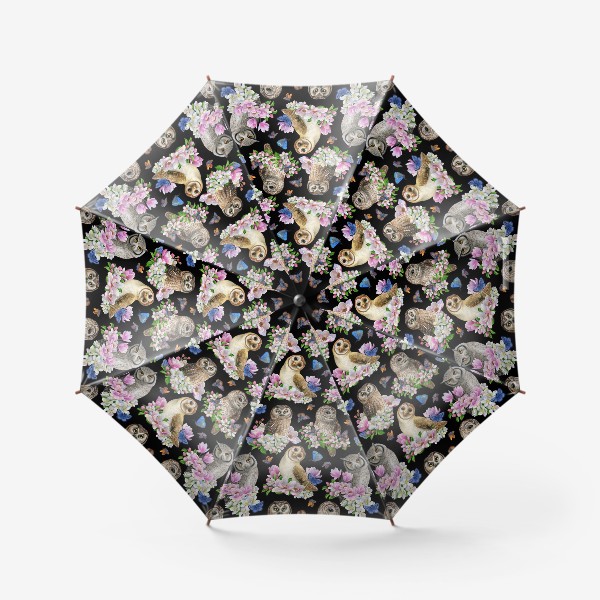 Зонт «Совы, магнолия, совята, сипуха, романтика, романтичный, цветочный, яблоневый, чёрный»
