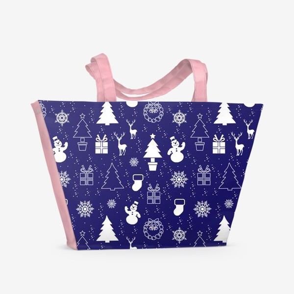 Пляжная сумка &laquo;Бесшовный рождественский принт со снеговиками,елками и оленями.Новый год.&raquo;