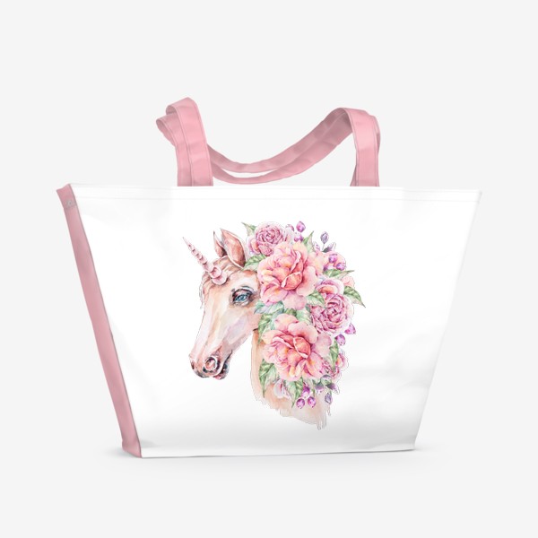Пляжная сумка «Цветочный акварельный единорог. Розовый принт для девочки»