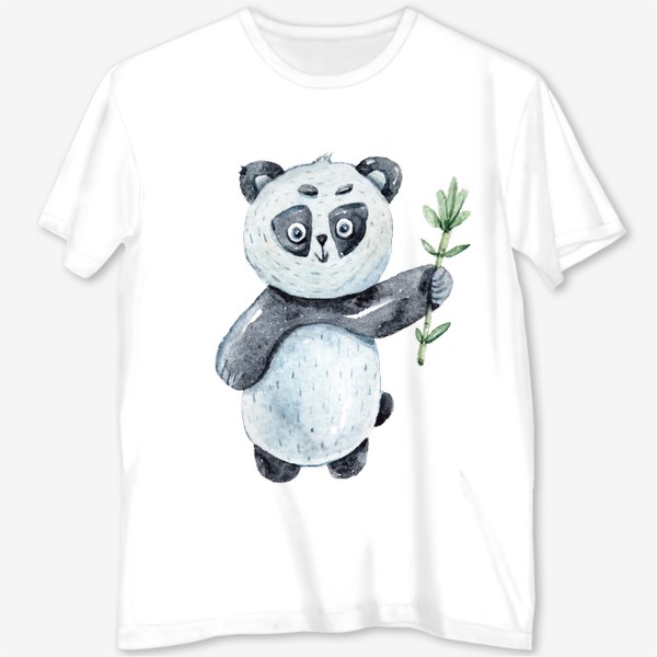Футболка с полной запечаткой «Милая акварельная панда с веткой бамбука. Иллюстрация для детей»