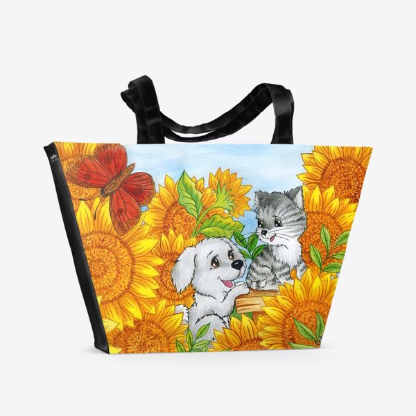 Пляжная сумка «Котенок и щенок»