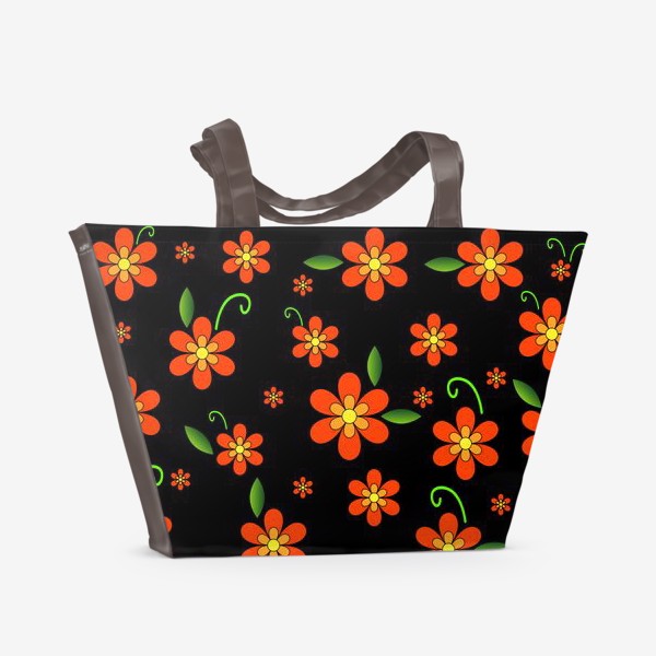 Пляжная сумка «Оранжевые ромашки на чёрном фоне»