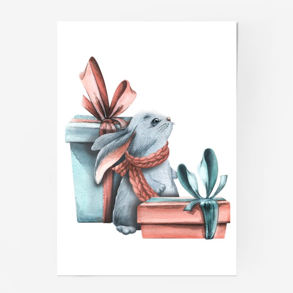 Постер «Милый зайчик с подарочными коробками. Новогодний. Акварель.»