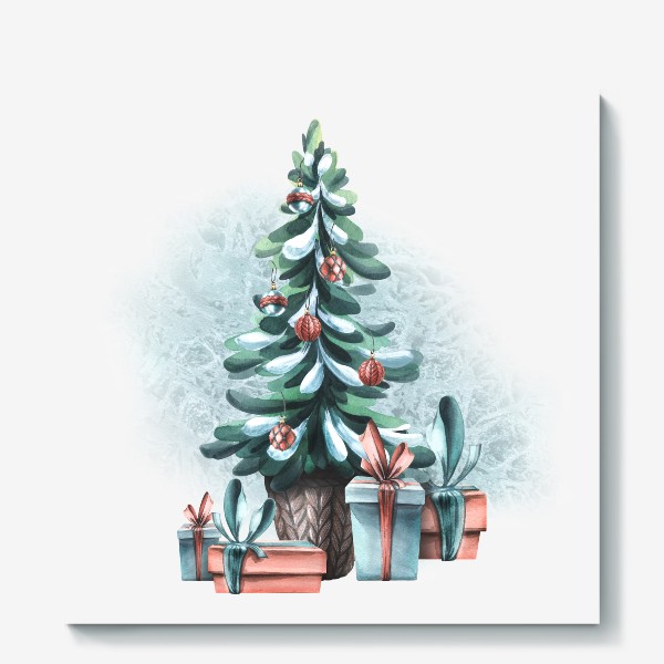 Холст &laquo;Новогодняя елка, подарки, снег. Акварель.&raquo;