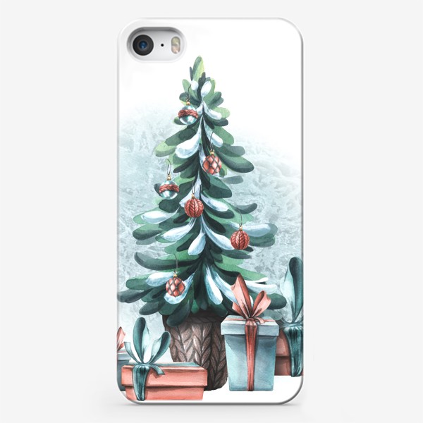 Чехол iPhone «Новогодняя елка, подарки, снег. Акварель.»