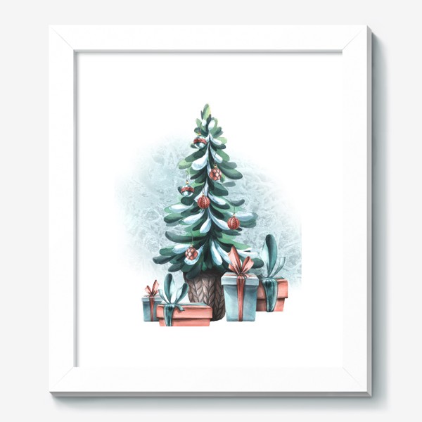 Картина «Новогодняя елка, подарки, снег. Акварель.»