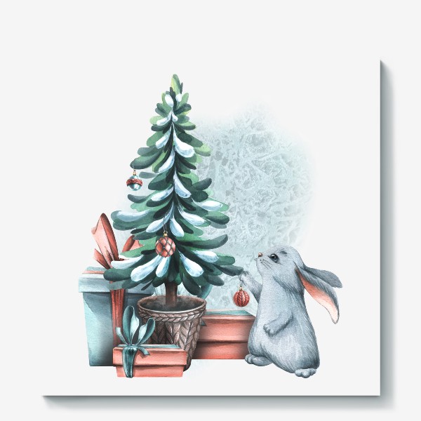 Холст &laquo;Милый серый зайчик, новогодняя елка, подарки, снег. Акварель.&raquo;