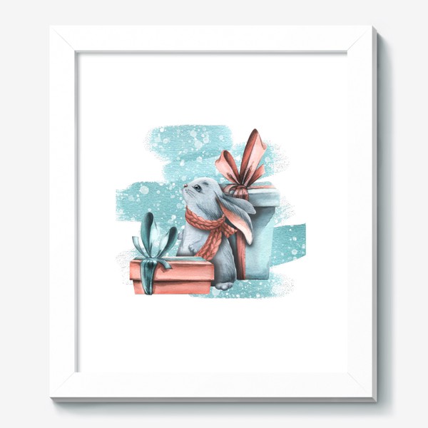 Картина «Милый зайчик новогодний, подарки и снег. Год зайца 2023. Акварель.»