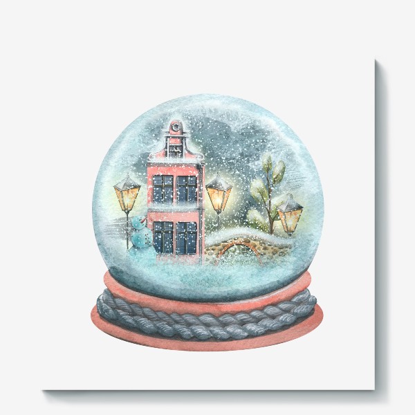 Холст &laquo;Стеклянный снежный шар с домиками и снегом. Акварель.&raquo;