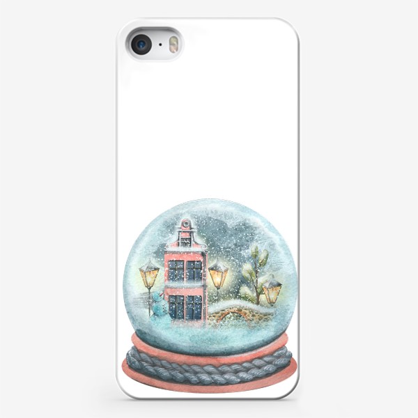 Чехол iPhone «Стеклянный снежный шар с домиками и снегом. Акварель.»