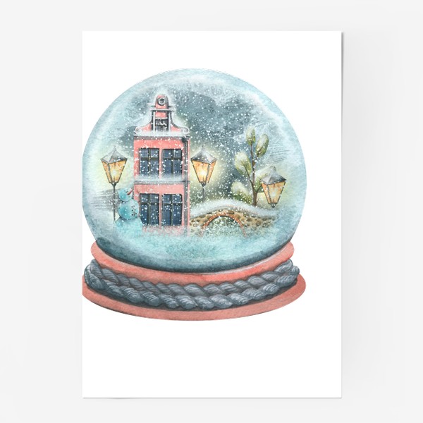 Постер «Стеклянный снежный шар с домиками и снегом. Акварель.»