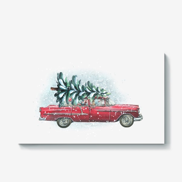 Холст «Красная ретро машина с новогодней елкой, снеговиком и подарками. Акварель. Новый год 2023»