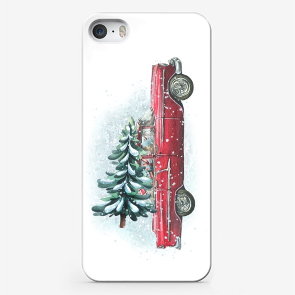 Чехол iPhone «Красная ретро машина с новогодней елкой, снеговиком и подарками. Акварель. Новый год 2023»