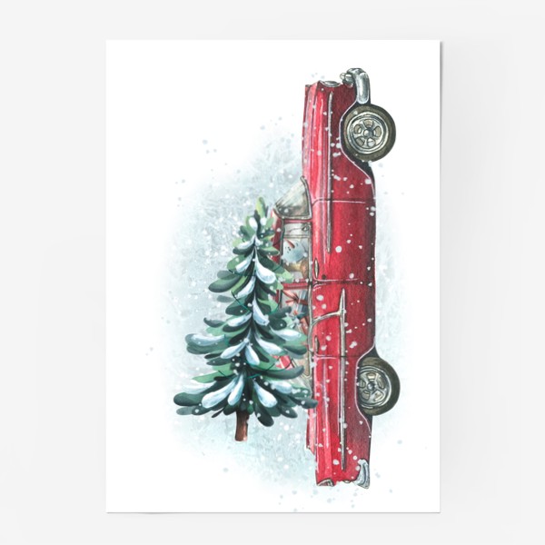 Постер «Красная ретро машина с новогодней елкой, снеговиком и подарками. Акварель. Новый год 2023»