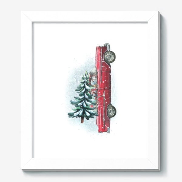 Картина «Красная ретро машина с новогодней елкой, снеговиком и подарками. Акварель. Новый год 2023»