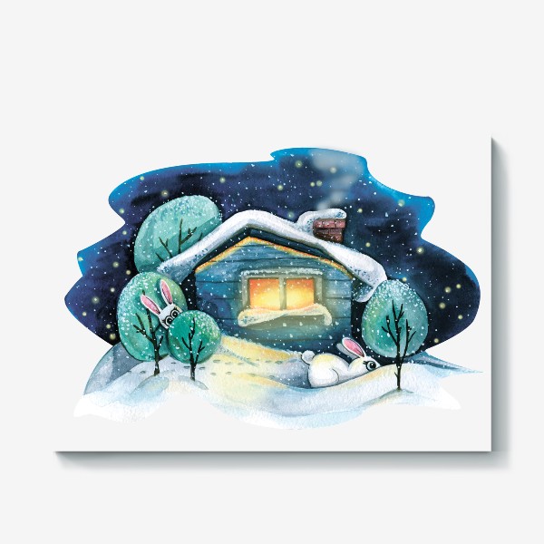 Холст «Зимний домик в лесу в снегу с зайцами. Акварель.»