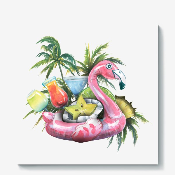 Холст &laquo;Надувной розовый фламинго, пляжный бар, фрукты, коктейли, пальмы. Акварель.&raquo;