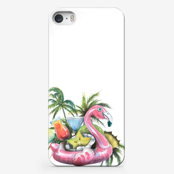 Чехол iPhone &laquo;Надувной розовый фламинго, пляжный бар, фрукты, коктейли, пальмы. Акварель.&raquo;