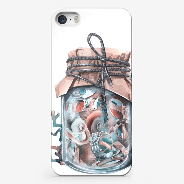 Чехол iPhone «Стеклянная банка с ракушками и кораллами. Акварель.»